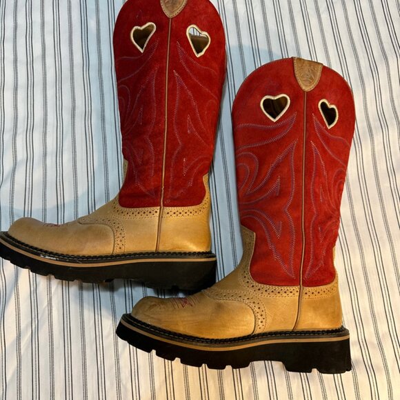 Ariat Cowgirl Boots Size 7 B Leather Red with Heart Shaped Holes - Picture 4 of 10